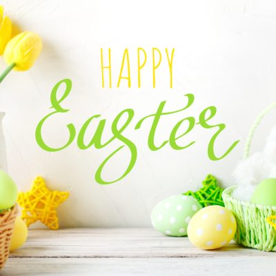 Happy Easter Congratulatory easter background Easter eggs and rabbit